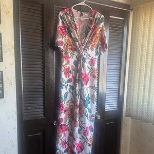 SHEIN White Maxi Dress with Pink, Teal & Gold Floral Print